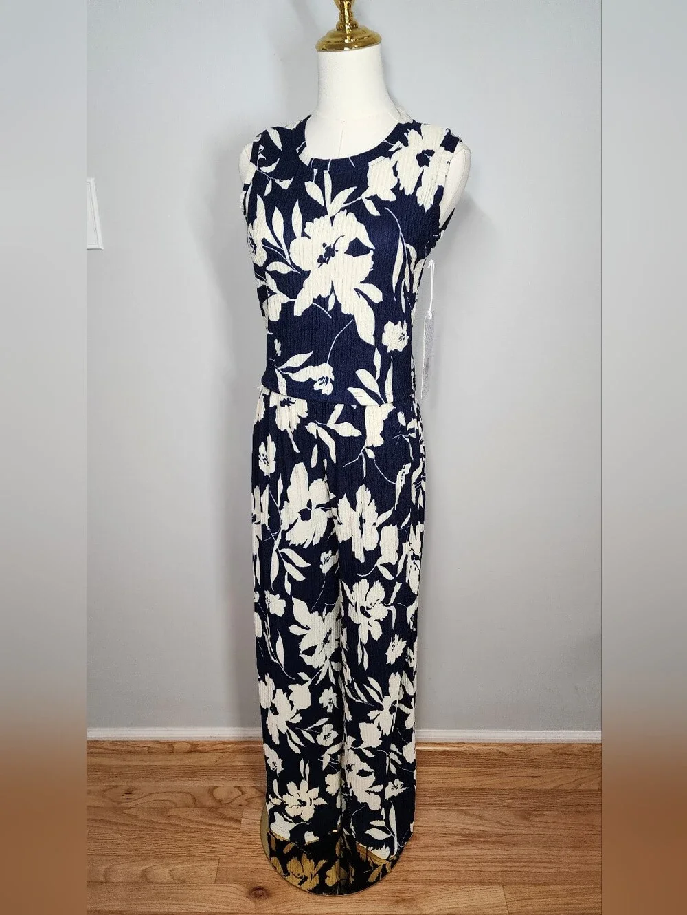 Crinkle Crop Top & Pants Set Floral Sleeveless Wide-Leg Casual Outfit Size L